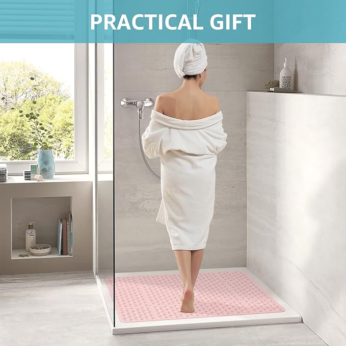 OTHWAY Square Shower Mat, 27"x 27" Extra Large Shower Mats for Inside Shower, TPE Anti Slip Shower mat with Suction Cups Drain Holes, Machine Washable Shower Floor Mat (Light Pink)