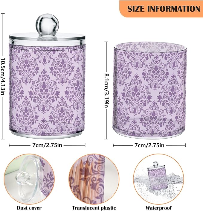 MNSRUU 2 Pack Qtip Holder Organizer Dispenser Purple Morden Floral Bathroom Storage Canister Cotton Ball Holder Bathroom Containers for Cotton Swabs/Pads/Floss