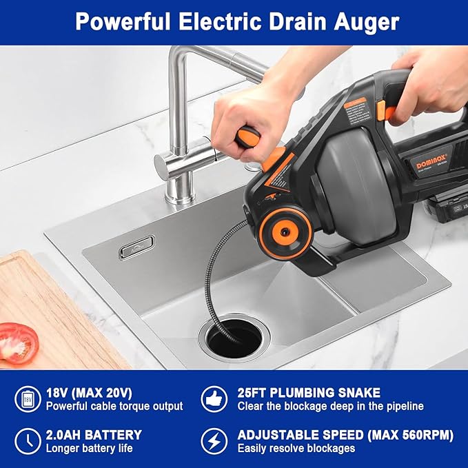 DOMINOX Electric Drain Snake with 2.0Ah Battery and 25FT Plumbing Snakes, Drain Snake Clog Remover for Unclogging Toilet, Sewer, Bathroom, Sink Drain Pipes