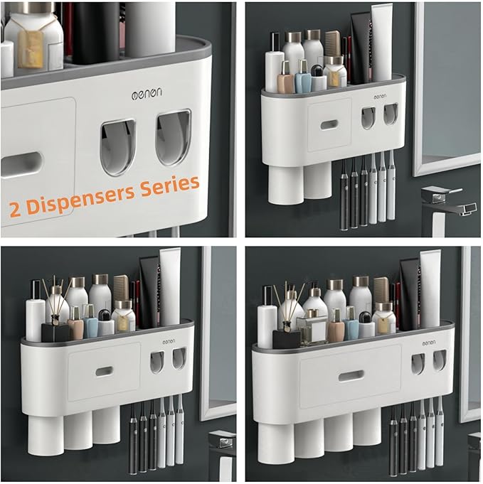 No-Drill Wall Mounted Toothbrush Holder, Bathroom Shelf, with Automatic Toothpaste Dispensers 6 Brush Hooks Magnetic Cups 1 Cosmetic Drawer Organizer and Large Storage (2 Dispensers 4 Cups)