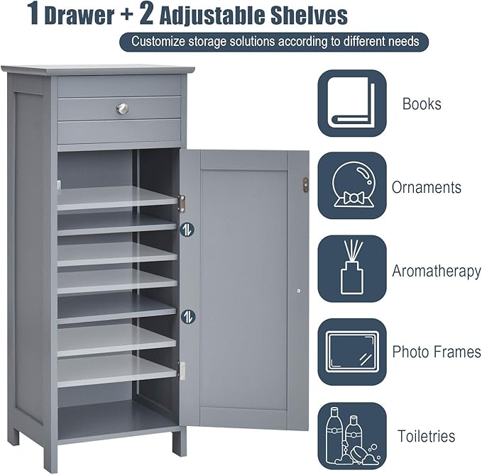 DORTALA Bathroom Floor Cabinet, Free-Standing Wooden Floor Storage Cabinet w/Large Drawer & 2 Adjustable Shelves, Morden Side Storage Bathroom Organizer Cabinet for Living Room, Grey