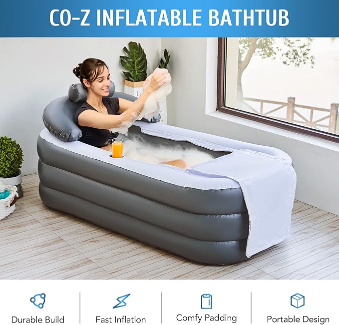 CO-Z Inflatable Bathtub With Electric Air Pump, Portable Tub With Blow Up Bath Pillow Cover, Drainage Cup Holder, Foldable Outdoor Freestanding Tub for Adults, Gray