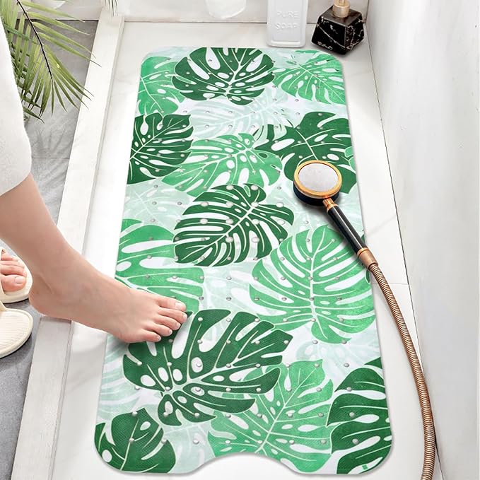 Tropical Leaves Bathtub Mat Non Slip, Boho Bath Tub Mat Baby Bath Mats for Bathroom Anti Slip Shower Mats for Inside Shower, Green Plants Bathmat with Suction and Drain Holes Machine Washable, 40″x16″
