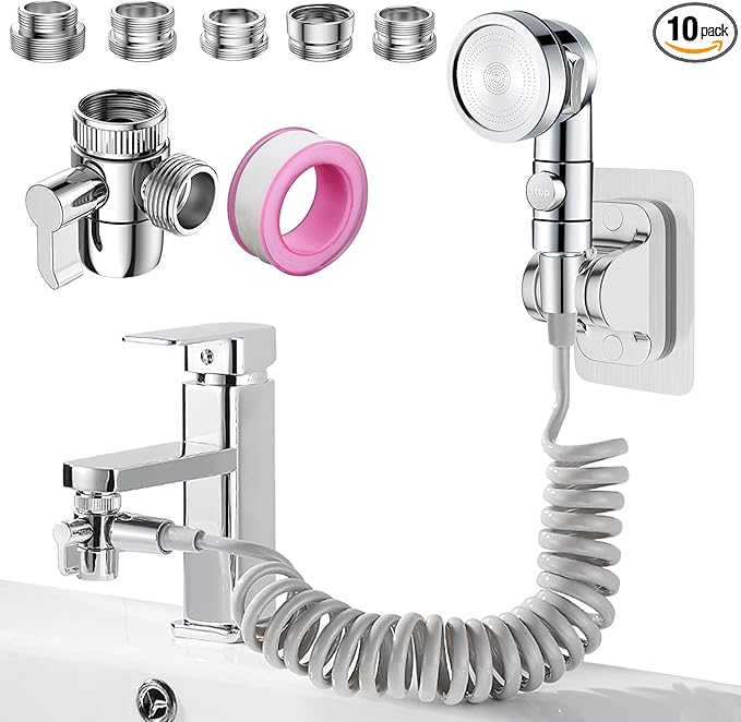 Sink Faucet Sprayer Attachment Set, Kitchen Bathroom Pet Bathing Shower Head with 9.8ft Hose and G1/2 / M22 / M24 / M26 / M28 Faucet Adapters, Hair Washing, Dog Shower