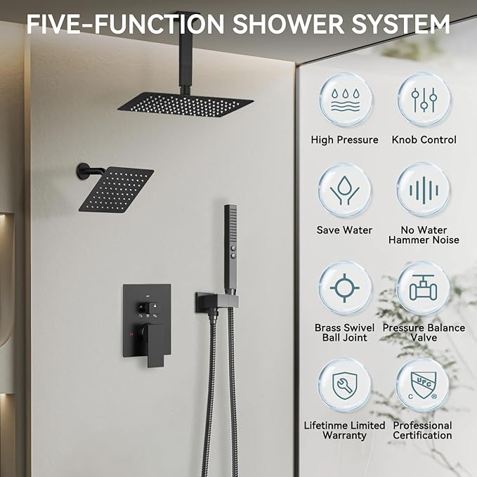 Shower Systems Matte Black Shower Faucet Sets,Bostingner Five Function Diverter Dual Head Shower Set,12'' Ceiling Mount and 6’‘ Wall Mount Rainfall Shower System with 2 in 1 Handheld Spray