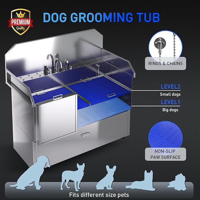 Dog Washing Station – 61 inch Professional 304 Stainless Steel Grooming Tub w/Ramp, Drawer, Faucet & Floor Grate, Dog Bathing Station for Large, Medium & Small Pets, 19" Leak-Proof Deep Soak