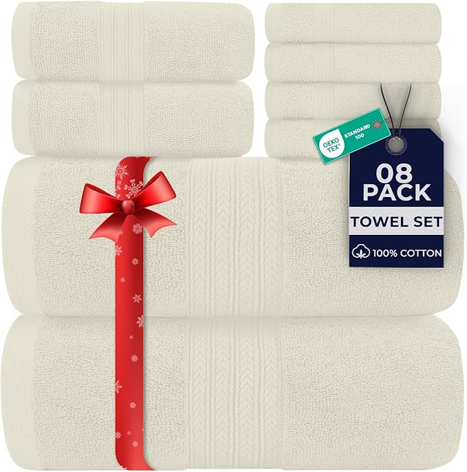 DAN RIVER 8 PC Luxury Bath Towels for Bathroom, 2 Bath, 2 Hand, and 4 Wash Cloths, 600 GSM 100% Ring Spun Cotton Towel Set, Highly Absorbent, Gym, Hotel, and Spa, Ivory