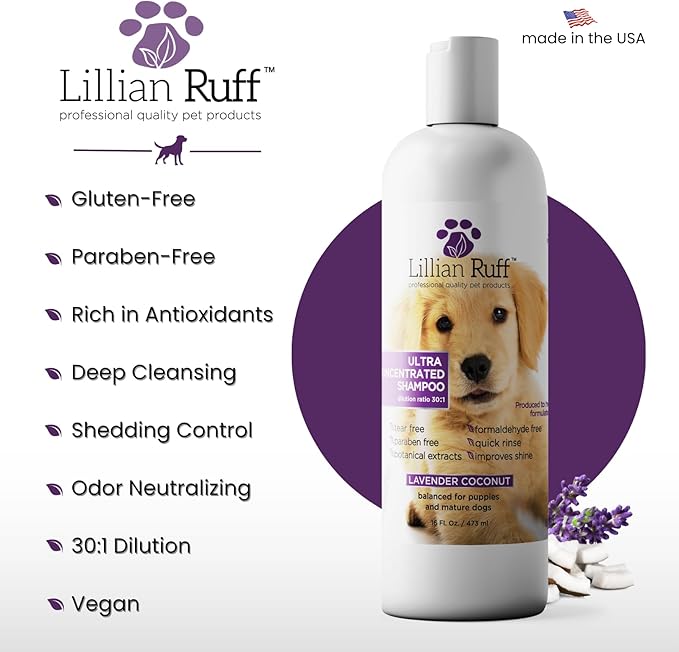 Lillian Ruff PRO Formula Ultra Concentrated Dog Shampoo – Makes 4 Gallons/30 Bottles, 30:1 Dilution, Professional Pet Shampoo for Sensitive Skin | Deodorizing & pH-Balanced Made in USA 16.9oz + Brush