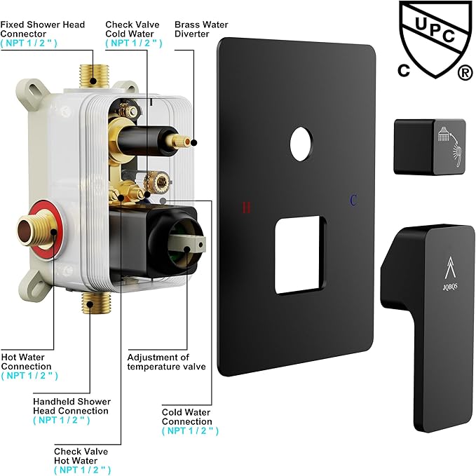 Shower System Modern Rain Brass Faucet Set With Valve and Diverter Shower Mixer With Handheld High Pressure Square Rainfall Shower Valve (12'' Wall Mount, Matte Black)