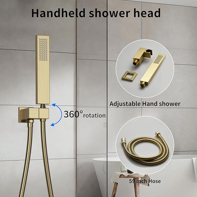 Bathroom shower system Ceiling 14x20 inch shower head, spray with handle, 6 PCS Body Jet and Handheld, temperature display shower faucet set (Brushed Gold)