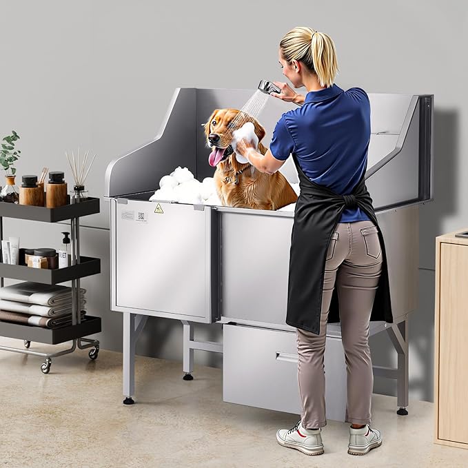 VEVOR Dog Bath Tub, Professional 50 Inch 304 Stainless Steel Dog Washing Station Anti-Slip Ramp & Storage Drawer, Hot Cold Water Faucet and Showerhead for Large Medium Small Dogs (Left Door)