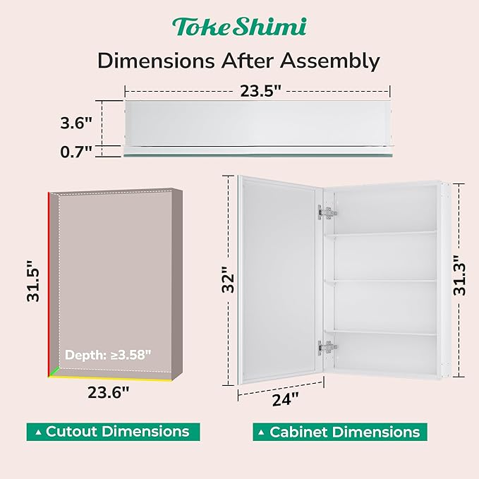 TokeShimi 24x32 Mirrored Medicine Cabinet Recessed or Wall Mount, Aluminum Tempered White Bathroom Medicine Cabinet with Mirror with Stepless Adjustable Storage Metal for Modern Farmhouse