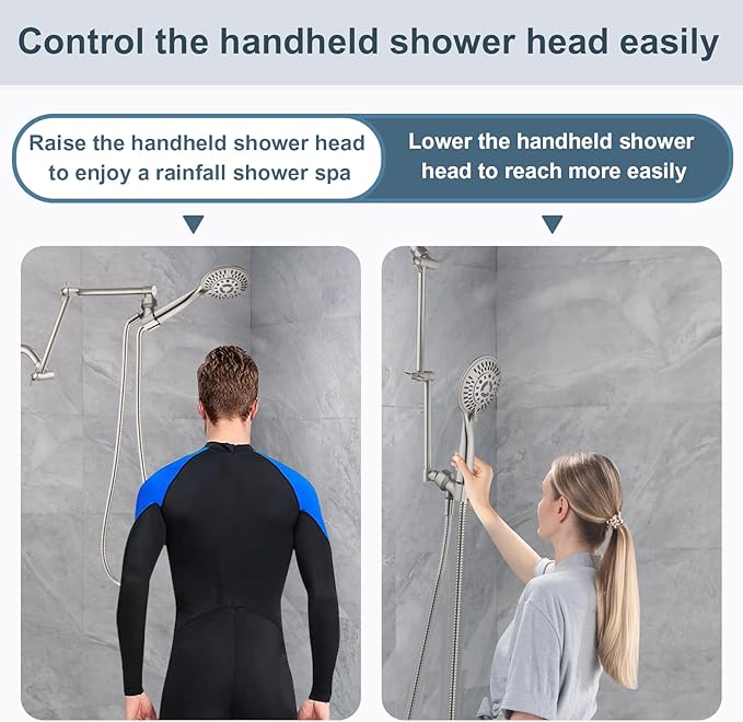 BRIGHT SHOWERS Brass Shower Arm Extender for Rain and Handheld Shower Head, 14 Inch Universal Shower Head Extension Arm, Adjustable Height & Angle, Brushed Nickel