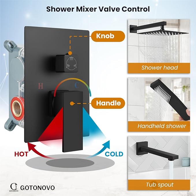 gotonovo Shower System with Tub Spout Wall Mounted Rain Shower Head and Handle Combo Shower Faucet Set with Valve, 12 Inch, Matte Black