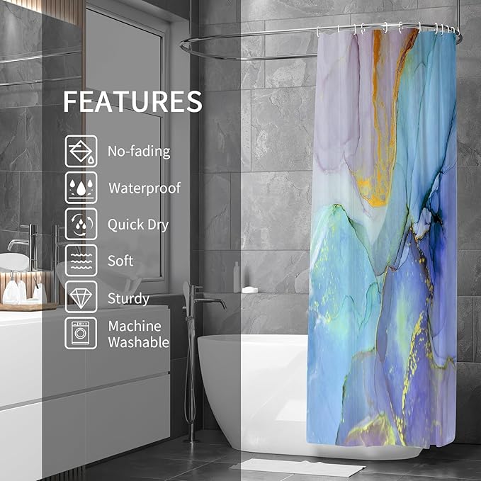 Gibelle Long Shower Curtain 72 x 78, Tall Abstract Marble Fabric Shower Curtain, Blue Purple Jade Texture Gold Stripes Ombre Ink Art Decor Bathroom Curtains Set