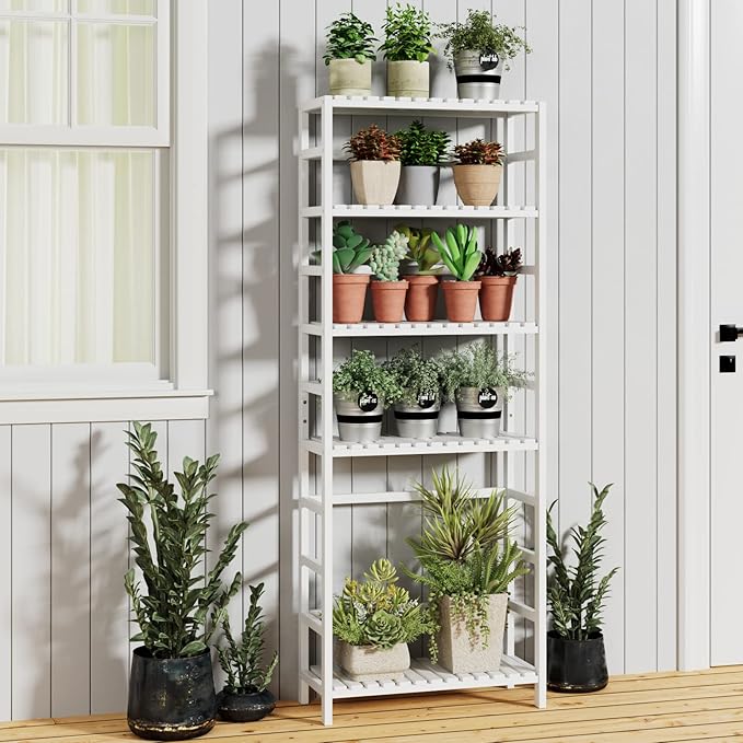 Bamjoy Bamboo Shelf, 6 Tier Bookcase Storage Shelves, Tall Book Rack Shelving Unit, Multipurpose Storage Display Shelf Adjustable Storage Rack for Bathroom Home Office Living Room Kitchen, White