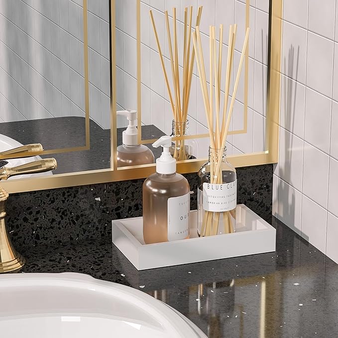 ZHWS Small Bathroom Vanity Tray for Counter, Makeup, Perfume, Decorative Tray for Candle, Jewelry Small Kitchen Tray for Soap Dispenser Sponge Holder White 7.9”L x 4.4”W x 1.14”H