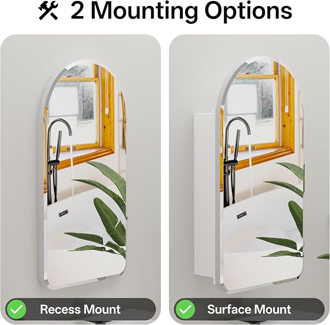 Arched Bathroom Medicine Cabinet with Mirror, No Assembly Needed, Recessed or Surface Mount Wall Storage Cabinet, Mirror Cabinet with Tissue Slot (Bevel, 31.5" L x 19.7")