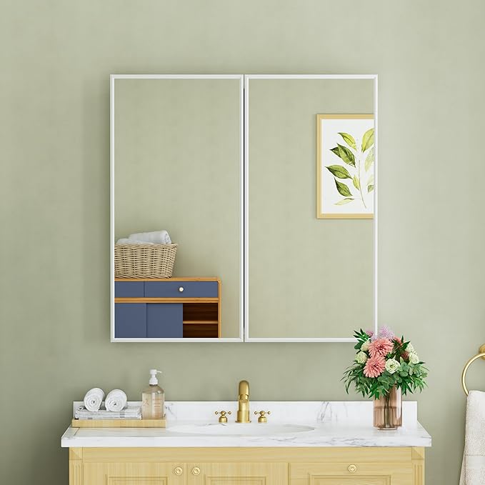 Buruis 30" x 30" Framed Medicine Cabinet with Mirror, Recessed or Wall Mounted Bathroom Cabinet, Adjustable Tempered Glass Shelves, Left/Right Open Reversible, No Assembly Required, White