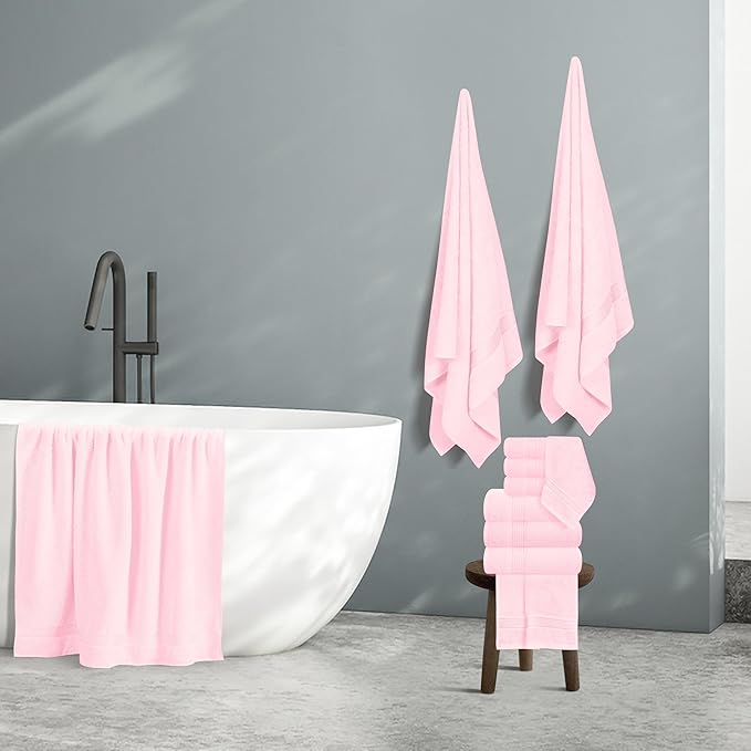 Belizzi Home 100% Cotton Towel Set, Contains 6 Soft Bath Towel, 6 Hand Towels, 12 Wash Cloths - Compact Absorbent Lightweight & Quickdry Towels for Bathroom - 24 Piece Bathroom Towel Set - Pink