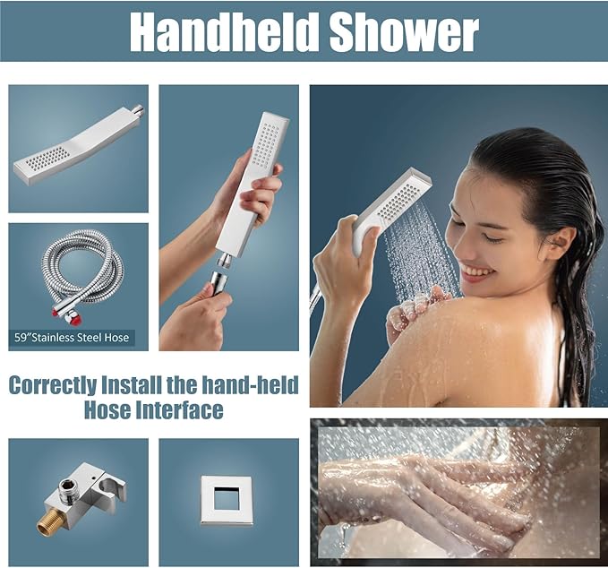 Aolemi Ceiling Mount Shower System Rain Shower Head with Handheld Spray High Pressure Shower Faucet Set Rough-in Valve Shower Trim Kit Included Bathroom Polish Chrome 16 Inch Ceiling Shower Head