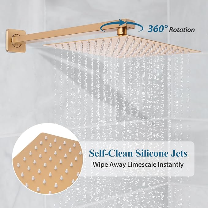 Brushed Gold Square Shower Head with Handheld Set, Rainfall Shower System Modern Wall Mounted Shower Faucet for Bathroom 12 inch (With Shower Valve)
