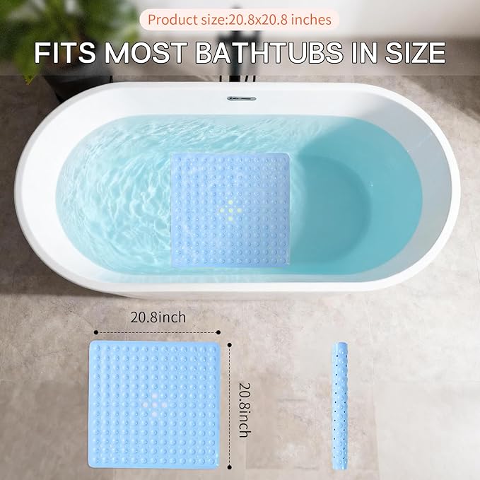 Anti-Slip Bathtub Shower mat, 20.8×20.8（Approximately 53×53cm） inch Soft Oversized Machine Washable Non-Slip Bathtub mat with Drainage Holes, Bathroom Floor Suction Cup.（1-Opaque Light Blue）