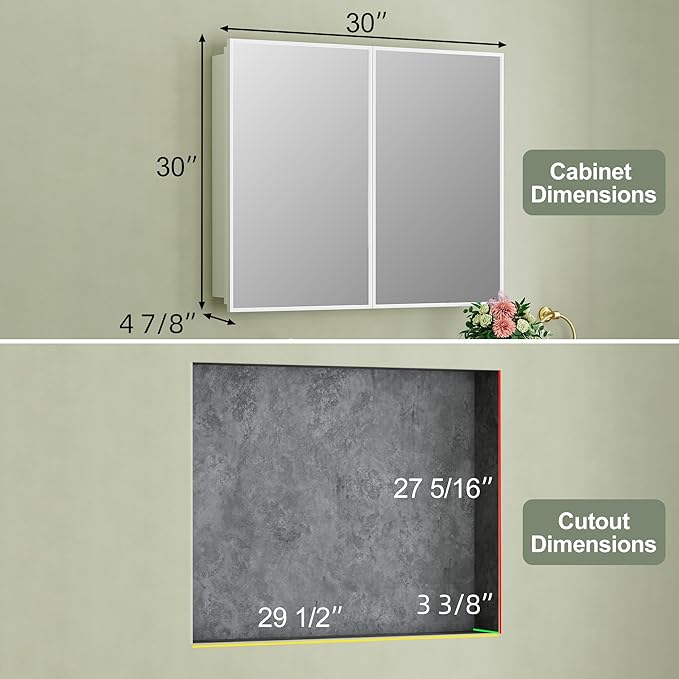 Buruis 30" x 30" Framed Medicine Cabinet with Mirror, Recessed or Wall Mounted Bathroom Cabinet, Adjustable Tempered Glass Shelves, Left/Right Open Reversible, No Assembly Required, White