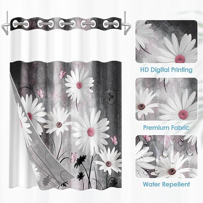 No Hook Pink White Daisy Butterfly Shower Curtain with Snap in Fabric Liner Set, Grey Farmhouse Double Layers Waterproof Fabric with See Through Top Window Open Grommet Bath Curtain 71x74 Inch