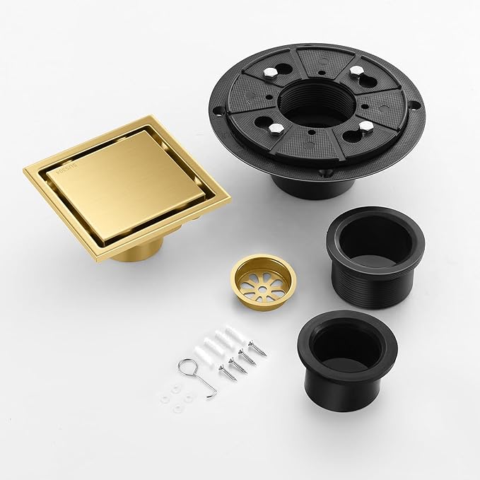 Hidden Brushed Square Shower Floor Drain, Gold 4 inch, 304 Stainless Steel, with Flange, Detachable Cover Embedded in Ceramic Tiles