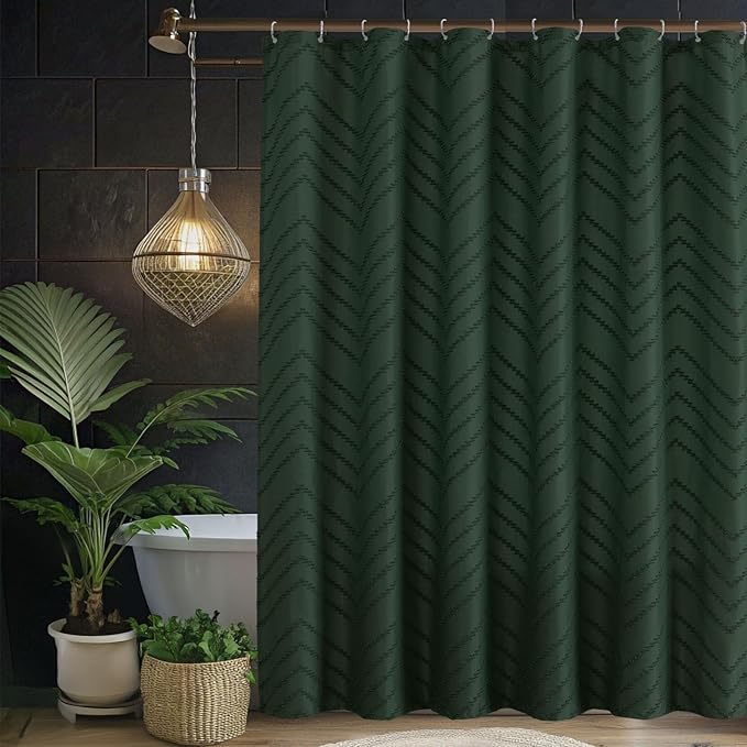 78inch Extra Long Dark Green Boho Shower Curtain Woven Fabric Shower Curtain Tufted Chervon Textured Shower Curtains Modern Minimalist Shower Curtains for Bathroom