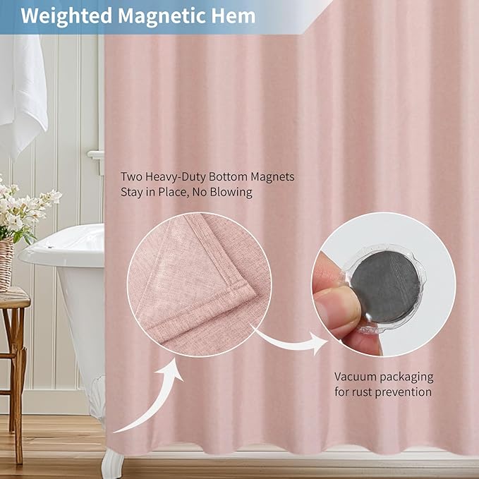 2-in-1 Waterproof Extra Long Fabric Shower Curtain or Liner,Linen Textured,84 Inch Breathable TPU & Washable Bathroom Shower Curtain Set with 12 Plastic Hooks,Modern,72"x84" Blush