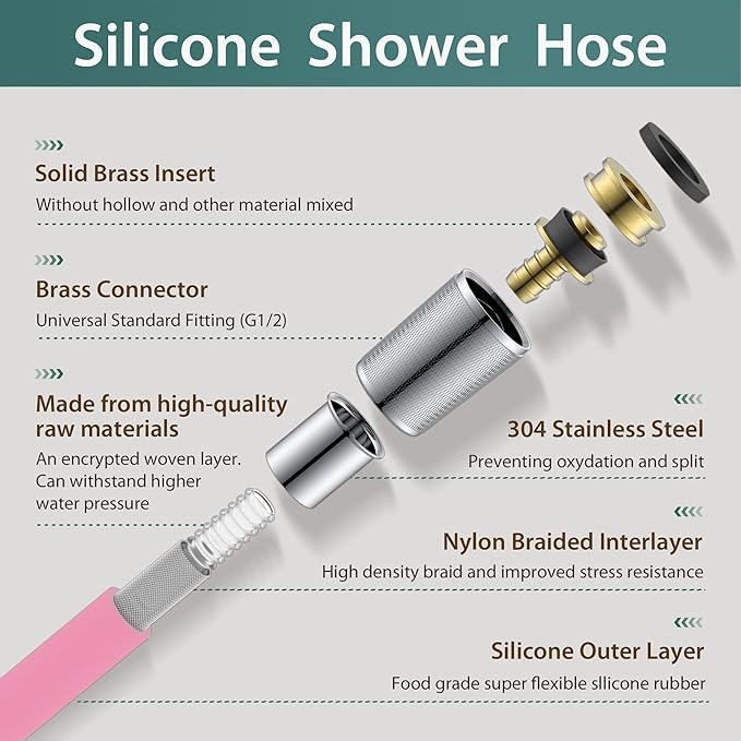 Silicone Shower Hose Extra Long,Explosion Proof Anti Winding Showerhead Hose,Used In Showerheads Spray Bidet Bathing Toilet Cleaning Flexible RV Shower Hoses Replacement (Pink, 59 In)