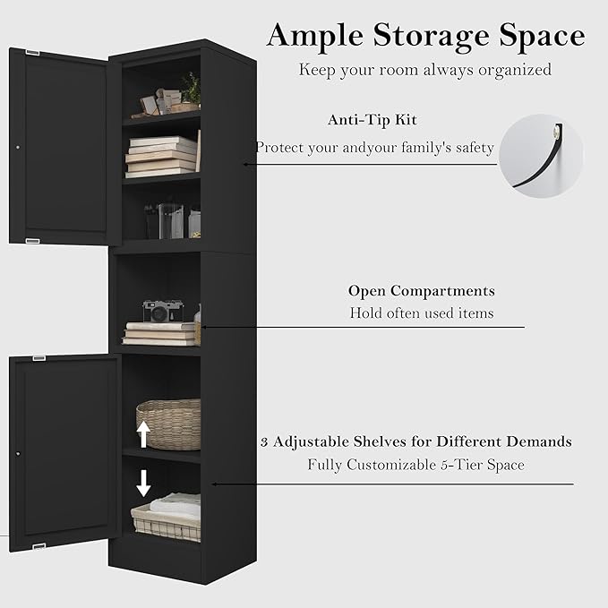 COFaR 67" Tall Metal Bathroom Storage Cabinet,6-Tier Freestanding Linen Tower with 2 Doors,Narrow Slim Metal Locker Storage Cabinet for Small Spaces,Modern,Black
