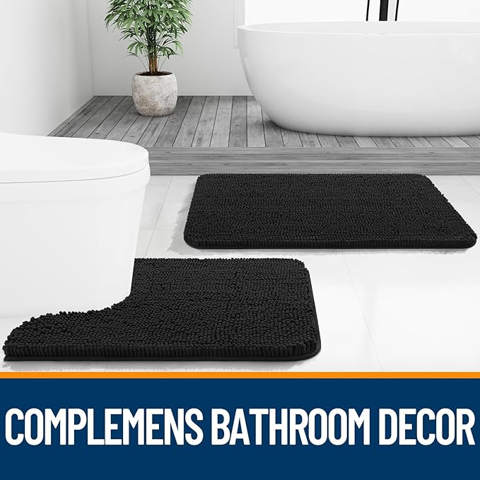OLANLY Bathroom Rugs Sets 2 Piece, Soft Absorbent Chenille Bath Mats and U-Shaped Contour Toilet Rug, Non-Slip, Machine Washable Bath Carpet, Home Decor Accessories(24"x16"+24"x20", Black)