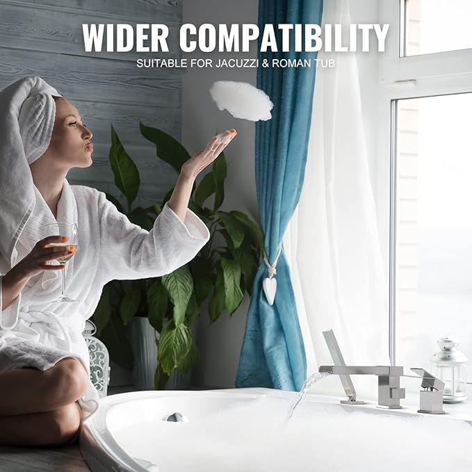 Waterfall Roman Tub Filler Faucet, Deck Mount Bathtub Filler with 360° Swivel Spout, 3 Holes Bathroom Tub Faucet with Sprayer, Brushed Nickel
