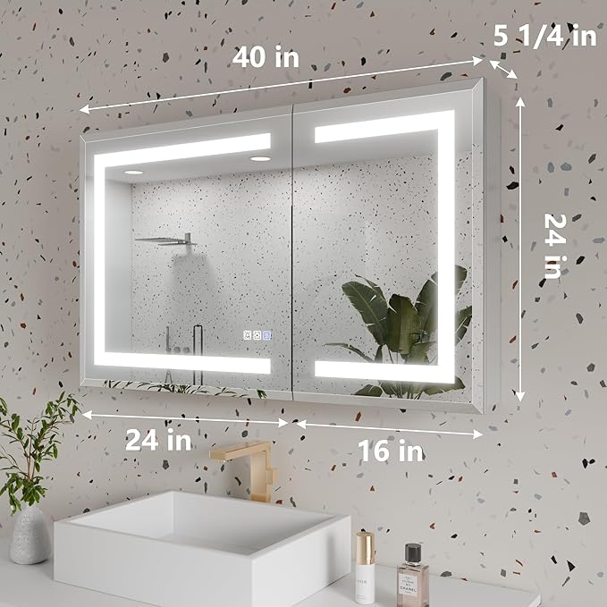 GroGro LED Lighted Bathroom Medicine Cabinet with Mirror, 40" W x 24" H Beveled Edge Medicine Cabinet with Lights,Surface or Recessed Mounting,Defog,Dimming,3-Color Temperature Adjustment