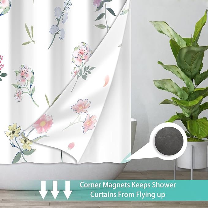 No Hook Shower Curtain Set with Snap in Fabric Liner for Bathroom,with See Through Top Window,Double Shower Curtain with Detachable Liner Replacement,Machine Washable,Simple Flowers,71"x 74"