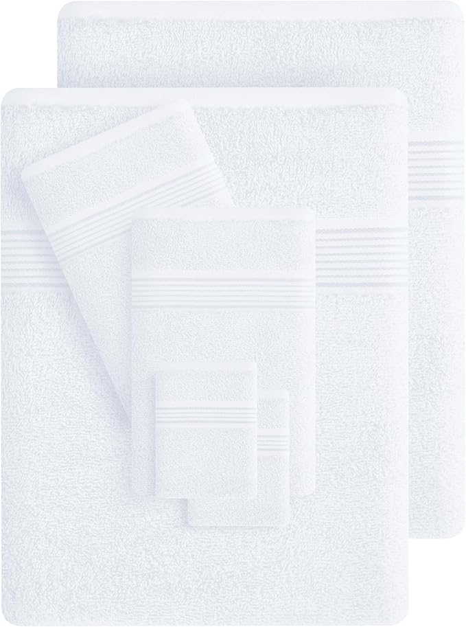 Belizzi Home 100% Cotton Towel Set, Contains 6 Soft Bath Towel, 6 Hand Towels, 12 Wash Cloths - Compact Absorbent Lightweight & Quickdry Towels for Bathroom - 24 Piece Bathroom Towel Set - White