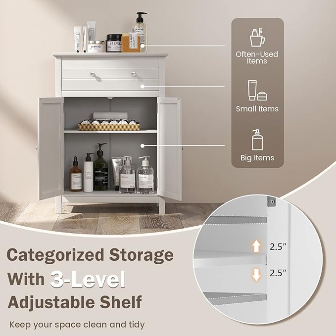 Giantex Bathroom Storage Cabinet with Drawer - Floor Cabinet with Doors, Adjustable Shelf, Storage Organizer for Entryway, Laundry Room, Kitchen, Living Room, Bedroom, Freestanding Cupboard (White)