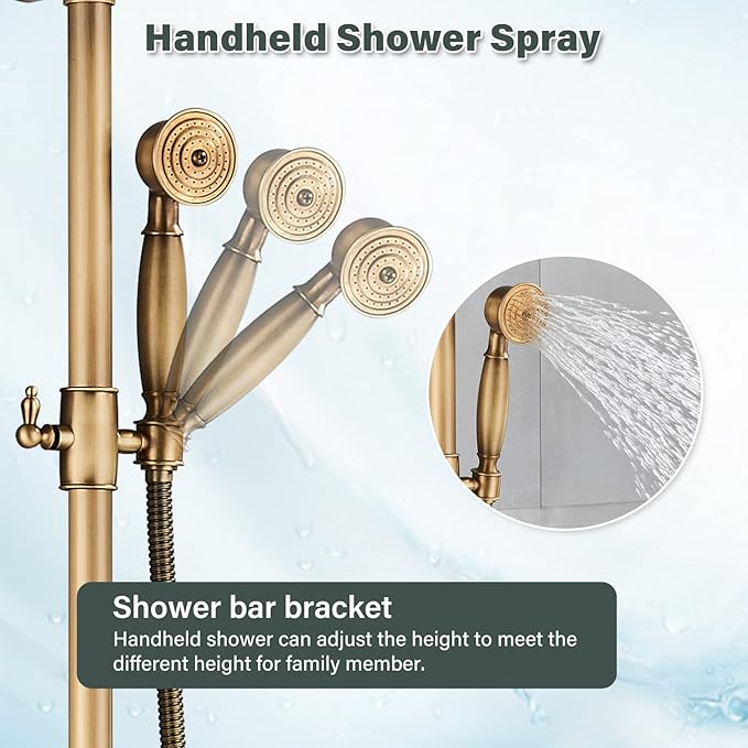 NeierThodore Antique Brass 8-Inch Bathroom Shower Faucet System Rainfall Shower Head Wall-Mounted Dual Cross Handle Bathtub Shower Mixer Tap with Hand Sprayer