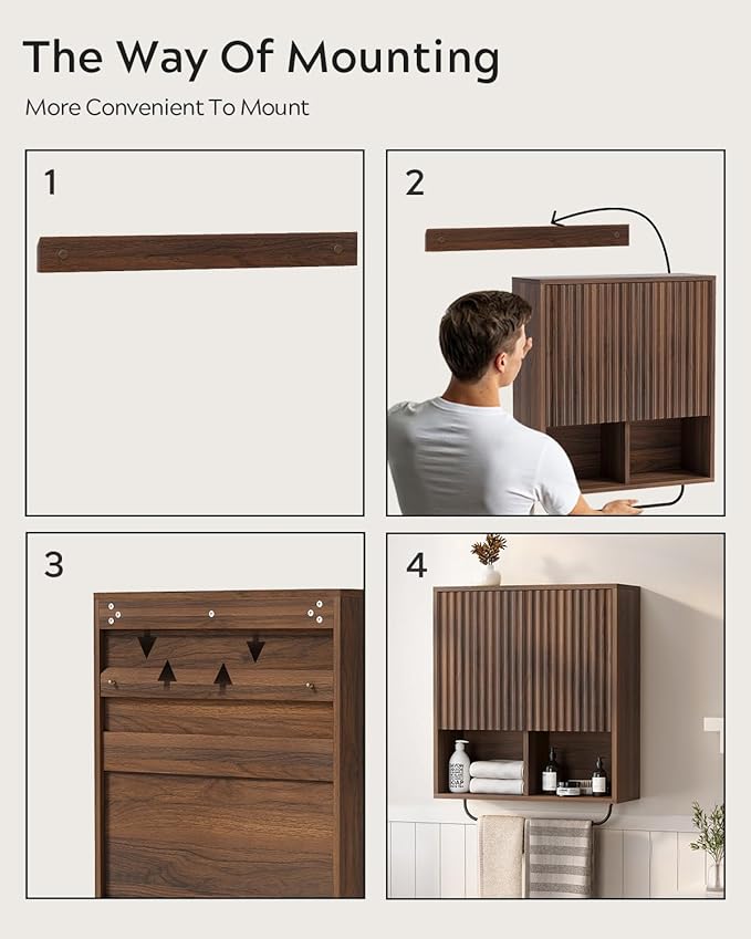 Fluted Wall Cabinet Set of 2, Wooden Bathroom Medicine Cabinet Storage with 2 Doors, Adjustable Shelf and Towels Bar, Modern Wall Mount Large Floating Cabinet for Kitchen Brown