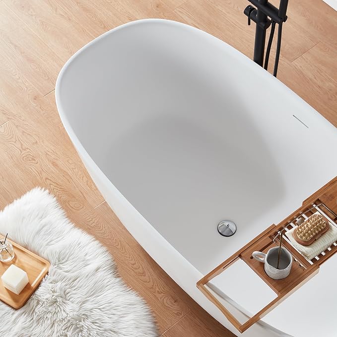 Cpingao (63"Lx31.5"Wx22"T) Stone Resin Solid Surface Freestanding Bathtub, Modern Elegant Design Soaking Stand Alone Tub, Matte White, Chrome Drain and Overflow Included 8823A