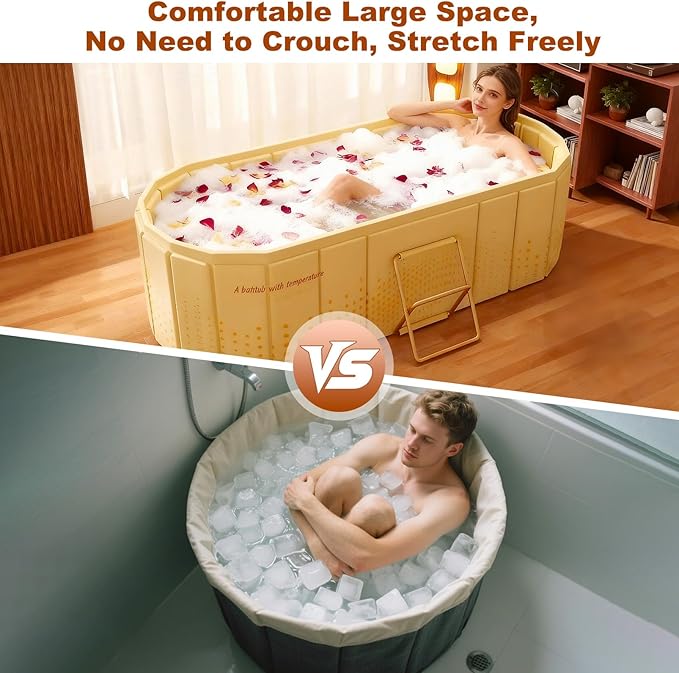 Portable Bathtub for Adult 47" Large Collapsible Cold Plunge Bathtub Foldable No Installation Ice Bath Tub for Shower Stall, Bathroom Hot SPA Soaking Standing Tub