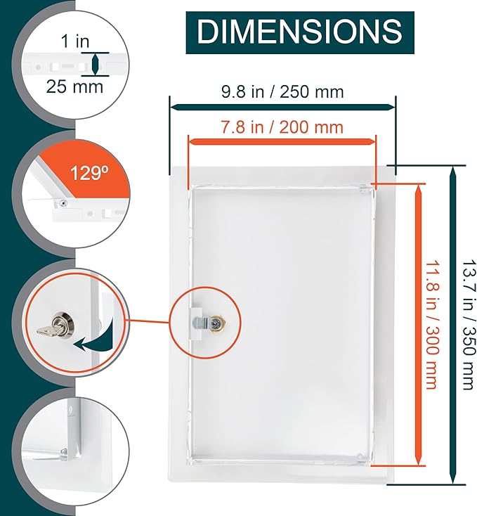8" x 12" Lockable White Metal Access Panel. Service Shaft Door with Key for Plumbing, Electricity, Heating, Alarm. Bathroom Access Hole Cover.