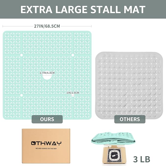 OTHWAY Square Shower Mat, 27"x 27" Extra Large Shower Mats for Inside Shower, TPE Anti Slip Shower mat with Suction Cups Drain Holes, Machine Washable Shower Floor Mat (Light Green)