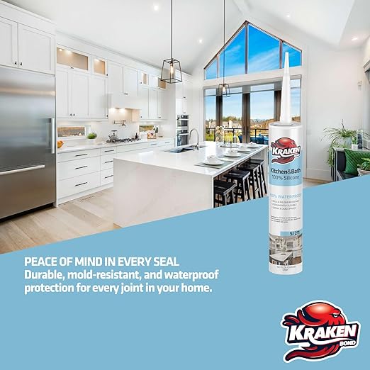 Kraken Bond Premium Kitchen and Bathroom Silicone Caulk White - (12x10.1 fl.oz) RTV White Caulking Waterproof for Kitchen, Bathroom, Shower, Sink, Anti Shrink 100% Caulking | 12 Pack