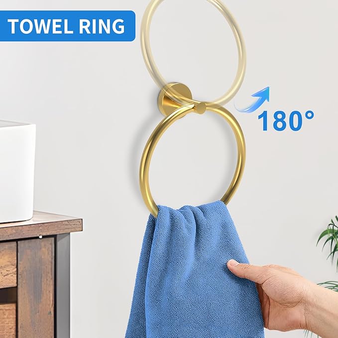 Brushed Gold Bathroom Accessories, Bathroom Hardware Set, SUS304 Stainless Steel Bathroom Towel Holder Set, 16 Inch Towel Bar Set 5 Pcs, 2 Towel Hooks, Toilet Paper Holder, Towel Ring
