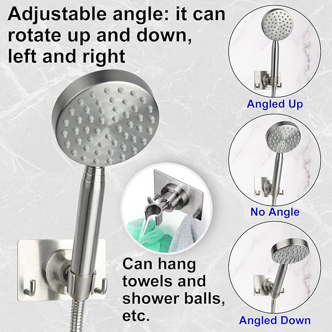 Shower Head Holder All Metal Strong Adhesive and Drilling Screws Two Installation Methods, Adjustable Handheld Shower Head Mount,Stainless Steel Hand held Showerhead Wand Bracket