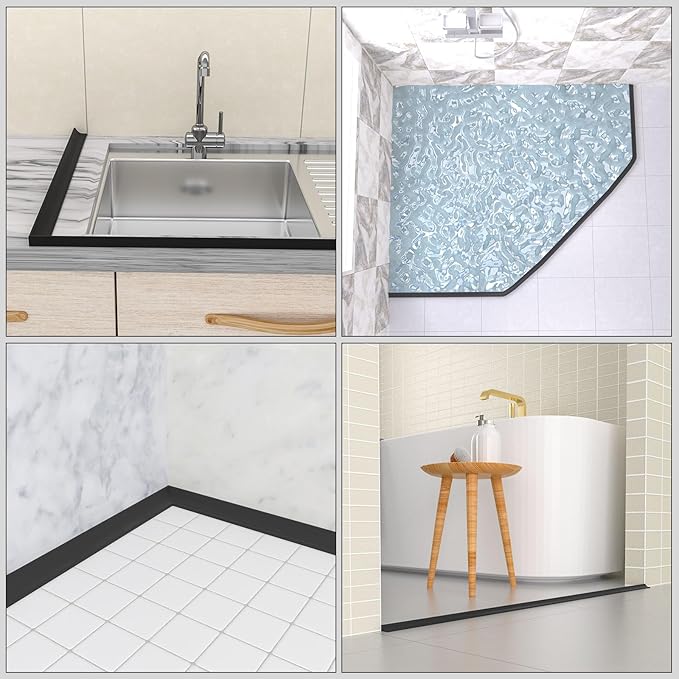 98Inch Collapsible Shower Threshold Water Dam Barrier, Self Adhesive Silicone Waterproof Shower Barrier Water Strip Dam for The Gap Between the Shower Kitchen Countertop Sink and Cooktop